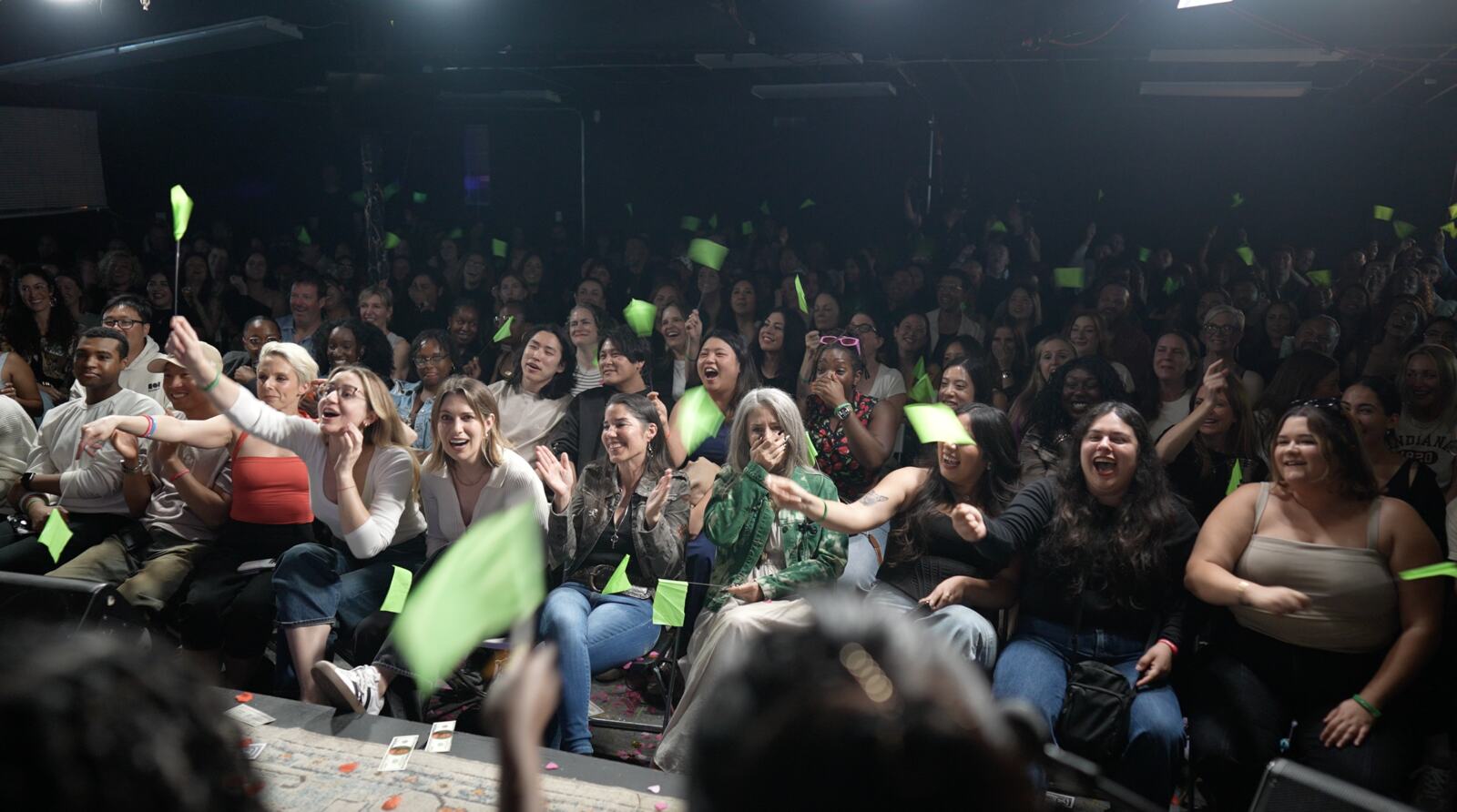 The audience on its feet, waving green paddles and screaming